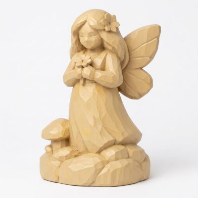 Wood Carved Garden Fairy Collectible Figurine in White Oak Finish - 3D Printed in Canada (White Oak)