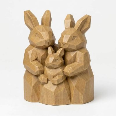 Wood Carved-Like Rabbit Family Figurine - Unique Desk Decor for Adults 3D Printed in Canada - 3D Printed in Canada (Classic Birch)