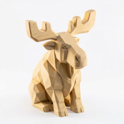 Wood Carved Moose Figurine in White Oak Finish - 3D Printed in Canada (White Oak)