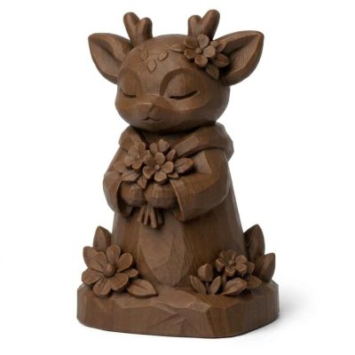 Wood Carved-Like Spring Fawn Figurine - Unique Desk Decor for Adults – 3D Printed in Canada - 3D Printed in Canada (Black Walnut)