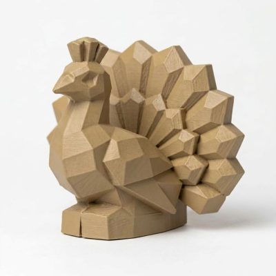 Wood Carved-Like Peacock Figurine - Unique Desk Decor for Collectors 3D Printed in Canada - 3D Printed in Canada (Classic Birch)
