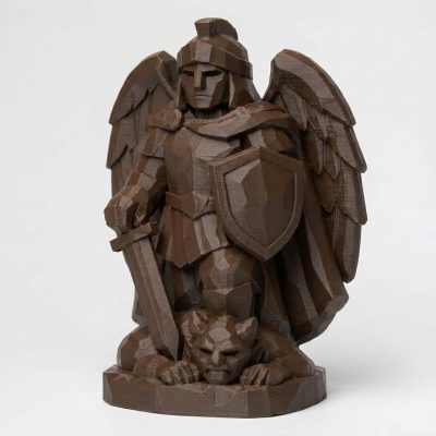 Wood Carved-Like Saint Michael Figurine - Unique Desk Decor for Collectors – 3D Printed in Canada - 3D Printed in Canada (Black Walnut)