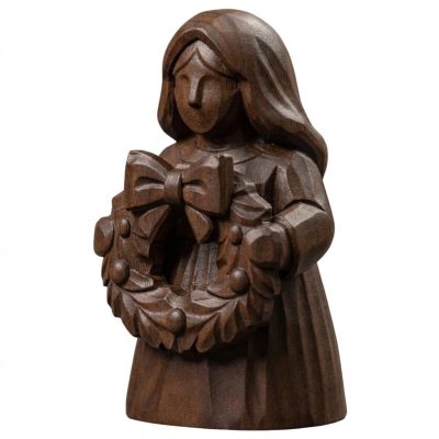 Wood Carved Christmas Wreath Woman Figurine in Black Walnut Finish - 3D Printed in Canada (Black Walnut)