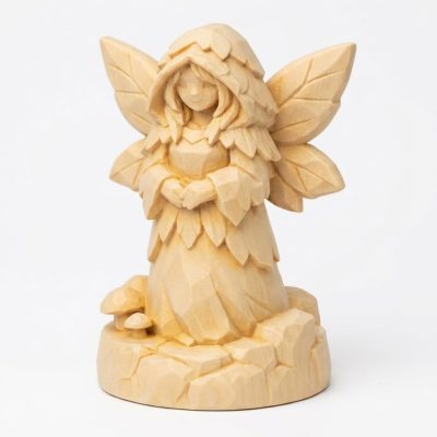 Wood-Carved-Like Moss Fairy Figurine in White Oak Finish - 3D Printed in Canada (White Oak)
