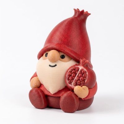 Pomegranate Gnome Collectible Figurine - Striking Red and Beige Bearded Gnome with Pomegranate Accent for Unique Desk Decor or Shelf Display - 3D Printed in Canada