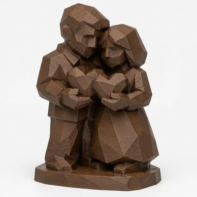 Wood Carved-Like Two Hearts Figurine - Unique Desk Decor and Gift for Adults – 3D Printed in Canada - 3D Printed in Canada (Black Walnut)