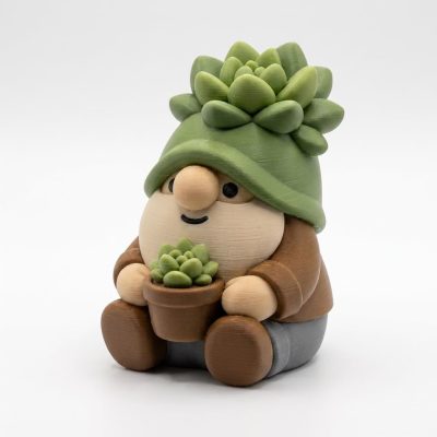 Succulent Plant Gnome Collectible Figurine - Charming Bearded Gnome with Green Succulent Hat and Potted Plant - Eye-Catching Desk Decor for Home or Office - 3D Printed in Canada
