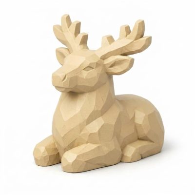 Wood Carved Reindeer Collectible Figurine in White Oak Finish - 3D Printed in Canada (White Oak)
