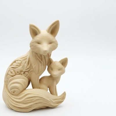 Wood-Carved Fox & Cub Figurine in White Oak Finish - 3D Printed in Canada (White Oak)