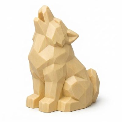 Wood Carved-Like Howling Wolf Figurine in White Oak Finish - 3D Printed in Canada (White Oak)