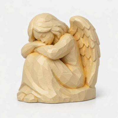 Wood Carved Angel at Rest Collectible Figurine in White Oak Finish - 3D Printed in Canada (White Oak)