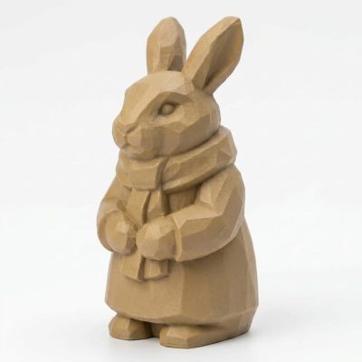 Wood Carved-Like Winter Rabbit Figurine - Unique Desk Decor for Adults 3D Printed in Canada - 3D Printed in Canada (Classic Birch)