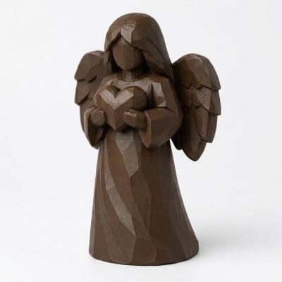 Wood Carved Angel Holding Heart Collectible Figurine in Black Walnut Finish - 3D Printed in Canada (Black Walnut)
