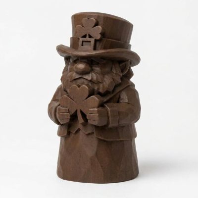 Wood Carved-Like Shamrock Figurine - Unique Desk Decor for Adults – 3D Printed in Canada - 3D Printed in Canada (Black Walnut)