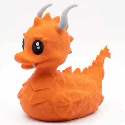 Horned Dragon Duck Collectible Figurine - Striking Orange Fantasy Decor for Unique Desk or Shelf Display - 3D Printed in Canada