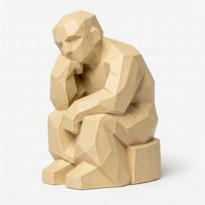 Wood Carved-Like The Thinker Figurine in White Oak Finish - Unique Desk Decor Accent for Collectors - 3D Printed in Canada (White Oak)
