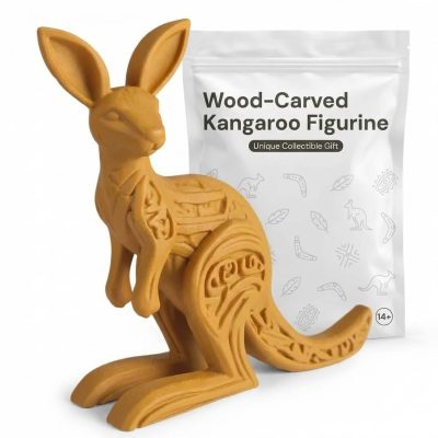 Wood-Carved Kangaroo Figurine in Ochre Yellow Finish - 3D Printed in Canada (Ochre Yellow)