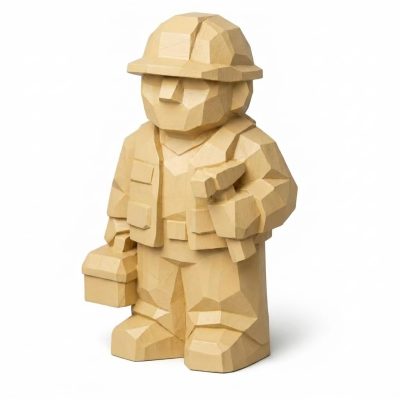 Wood Carved Construction Worker Collectible Figurine in White Oak Finish - 3D Printed in Canada (White Oak)