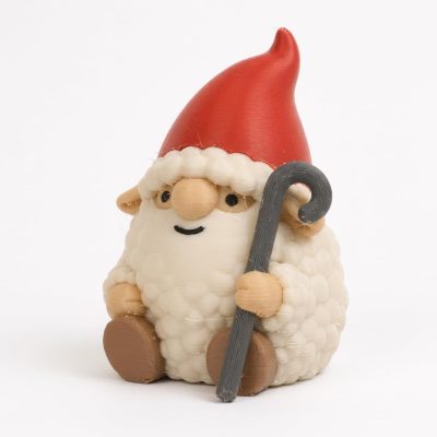 Sheep Gnome Collectible Figurine - Charming White Sheep Design with Red Hat and Shepherd's Staff - Ideal Desk Decor and Gift for Farmhouse or Rustic Home Accents - 3D Printed in Canada