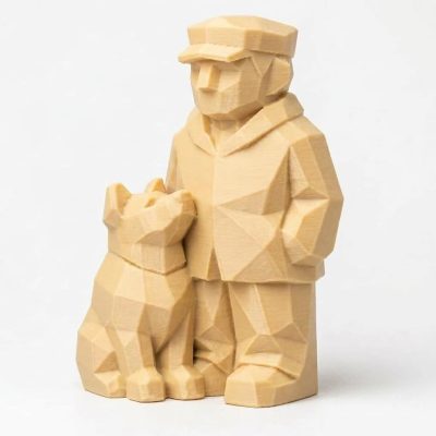 Wood Carved-Like Man and His Dog Figurine - Unique Desk Decor for Adults – 3D Printed in Canada - 3D Printed in Canada (White Oak)