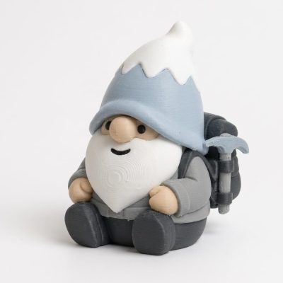 Mountain Peak Gnome Collectible Figurine - Charming Bearded Gnome in Gray with Ice-Capped Hat and Backpack for Unique Desk Decor, Shelf Display, and Gift - 3D Printed in Canada