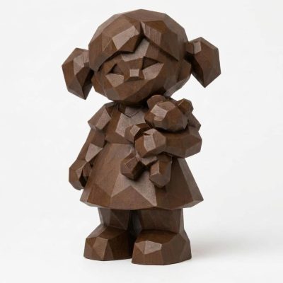 Wood Carved-Like Little Sister Figurine - Unique Desk Decor for Adults – 3D Printed in Canada - 3D Printed in Canada (Black Walnut)