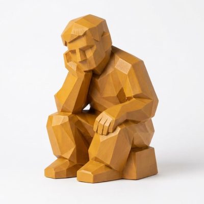 Wood Carved Contemplative Figure Collectible Figurine in Ochre Yellow Finish - 3D Printed in Canada (Ochre Yellow)