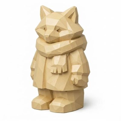 Wood Carved Fox in Winter Collectible Figurine in White Oak Finish - 3D Printed in Canada (White Oak)