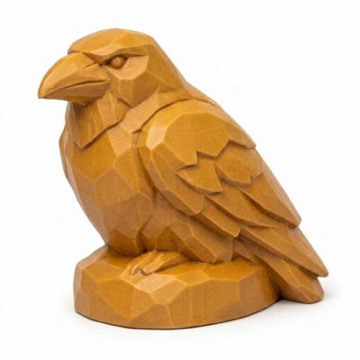Wood Carved-Like Raven Figurine in Ochre Yellow Finish - 3D Printed in Canada (Ochre Yellow)