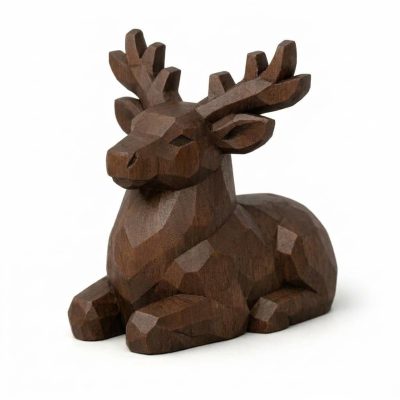 Wood Carved Reindeer Collectible Figurine in Black Walnut Finish - 3D Printed in Canada (Black Walnut)