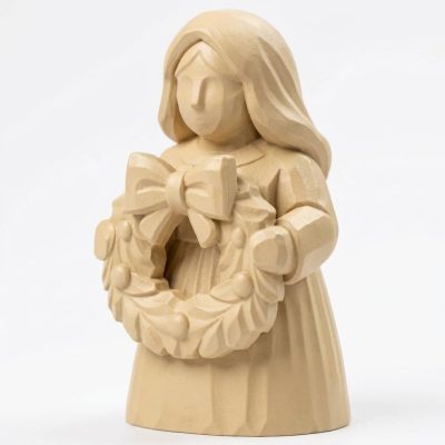 Wood Carved Christmas Wreath Woman Figurine in White Oak Finish - 3D Printed in Canada (White Oak)