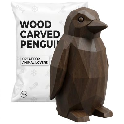 Wood Carved-Like Penguin Collectible Figurine in Black Walnut Finish - 3D Printed in Canada (Black Walnut)