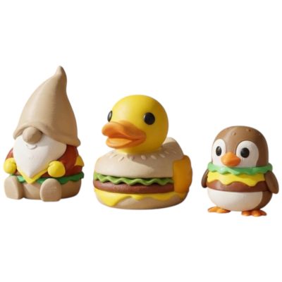 Cheeseburger Collectible Figurine Bundle of 3 - Duck, Gnome, Penguin - Whimsical & Unique Adult Desk Decor - 3D Printed in Canada
