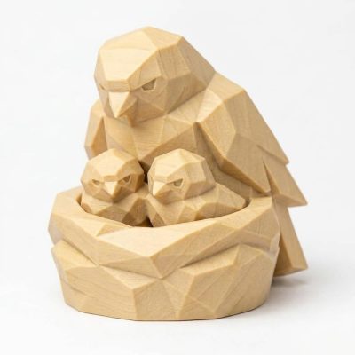 Wood Carved-Like Nesting Birds Figurine - Unique Desk Decor for Adults – 3D Printed in Canada - 3D Printed in Canada (White Oak)