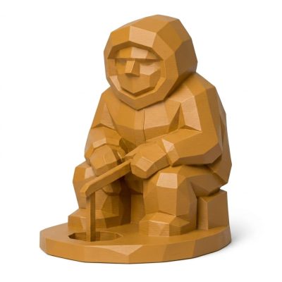 Wood Carved-Like Ice Fisher Figurine in Ochre Yellow Finish - 3D Printed in Canada (Ochre Yellow)