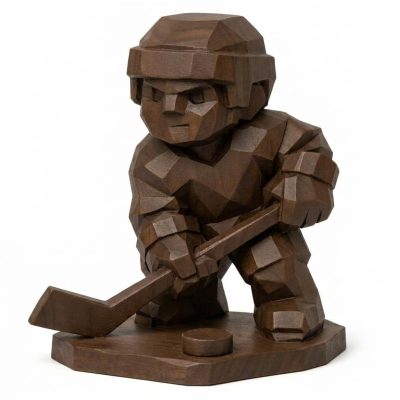 Wood Carved Backyard Hockey Collectible Figurine in Black Walnut Finish - 3D Printed in Canada (Black Walnut)