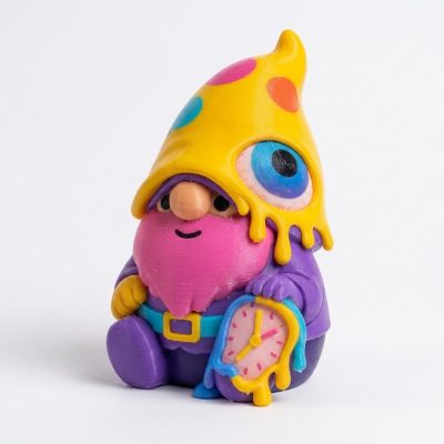 Surrealist Gnome Collectible Figurine - Vibrant Colorful Design with Dripping Clock and Eye-Catching Hat for Unique Desk Decor and Home Office Accent - 3D Printed in Canada
