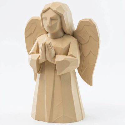 Wood Carved Angel Figurine in Prayer Pose - Wood-Tone Finish in White Oak - 3D Printed in Canada (White Oak)