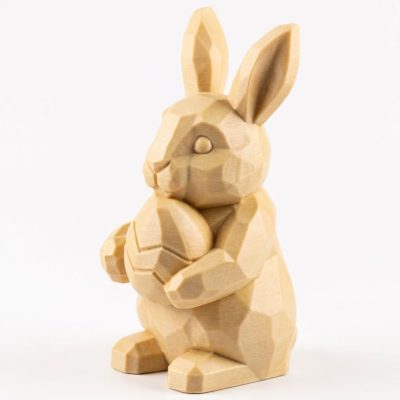 Wood Carved Easter Bunny Figurine with Egg in White Oak Finish - 3D Printed in Canada (White Oak)