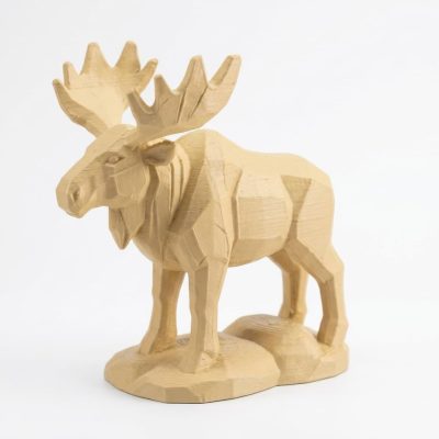 Wood Carved Moose Figurine with Snow Base in White Oak Finish - 3D Printed in Canada (White Oak)