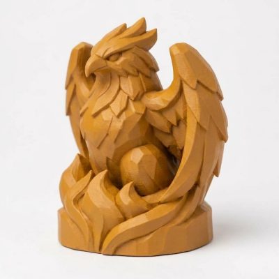 Wood Carved-Like Phoenix Figurine - Unique Desk Decor for Adults - Eye-Catching Collector's Display Piece – 3D Printed in Canada - 3D Printed in Canada (Ochre Yellow)