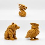 Wood-Carved Collectible Figurine Bundle of 3 in Ochre Yellow Finish - Dragon, Bear, Fox - 3D Printed in Canada (Ochre Yellow)