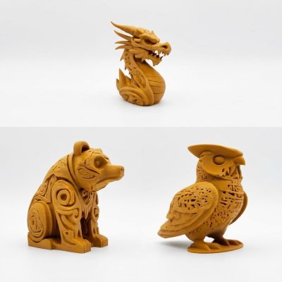 Wood-Carved Collectible Figurine Bundle of 3 in Ochre Yellow Finish - Dragon, Bear, Fox - 3D Printed in Canada (Ochre Yellow)