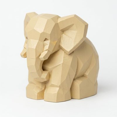 Wood Carved Gentle Elephant Collectible Figurine in White Oak Finish - 3D Printed in Canada (White Oak)