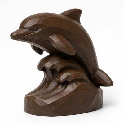 Wood Carved-Like Dolphin Figurine - Unique Desk Decor for Adults – 3D Printed in Canada - 3D Printed in Canada (Black Walnut)