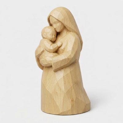 Wood Carved-Like Mother and Collectible Figurine in White Oak Finish - 3D Printed in Canada (White Oak)