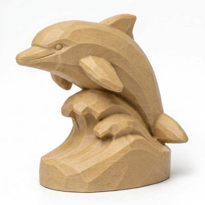 Wood Carved-Like Dolphin Figurine - Unique Desk Decor for Adults – 3D Printed in Canada - 3D Printed in Canada (White Oak)