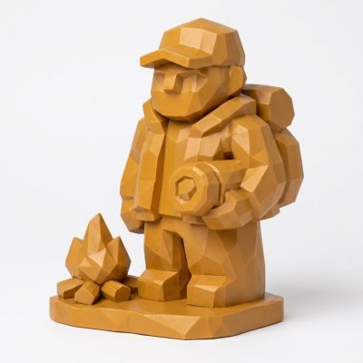 Wood Carved Campsite Arrival Collectible Figurine in Ochre Yellow Finish - 3D Printed in Canada (Ochre Yellow)