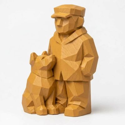 Wood Carved-Like Man and His Dog Figurine - Unique Desk Decor for Adults – 3D Printed in Canada - 3D Printed in Canada (Ochre Yellow)