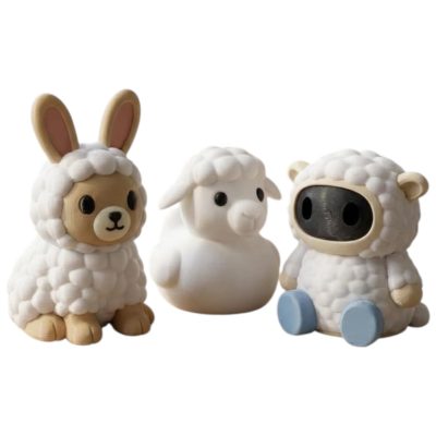 Sheep Collectible Figurine Bundle of 3 - Sheep Bunny, Duck, Robot - Whimsical & Unique Adult Desk Decor - 3D Printed in Canada